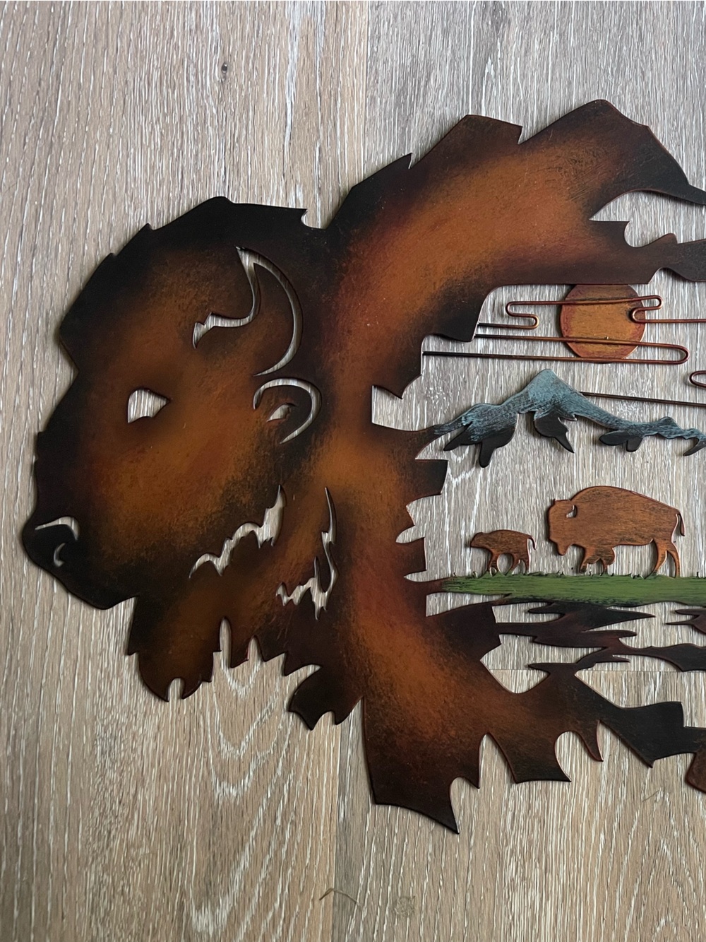 Rustic Bison Silhouette Metal Wall Art - Burnt Orange & Green